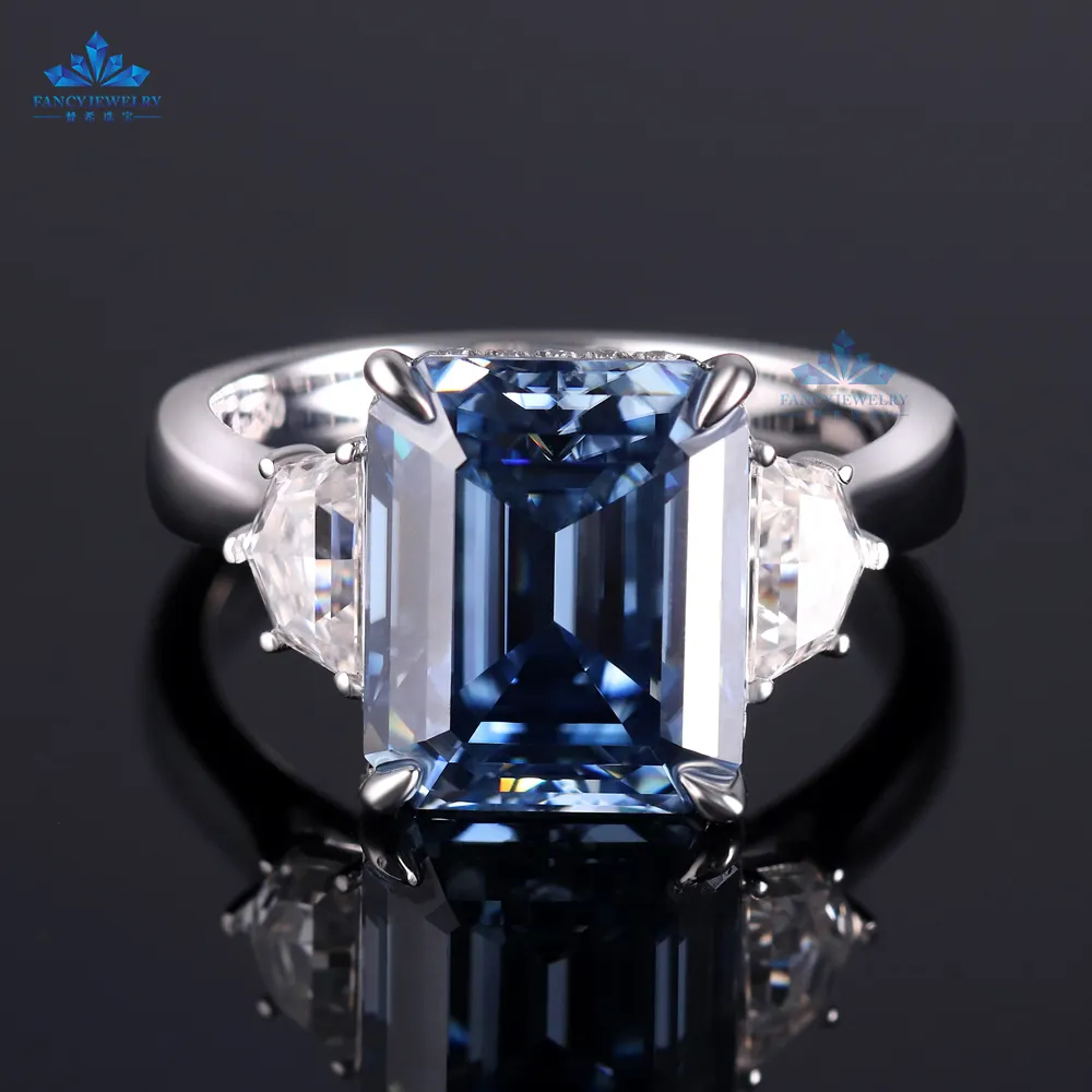 Collezione sposa 18k oro blu smeraldo taglio 5 carati centro moissanite 3 anello di pietra per anello di fidanzamento moissanite anello uomo