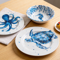 Assiette à dîner en mélamine Bestwares OEM avec logo personnalisé, 11 pouces, bleu, motif pieuvre, style nautique côtier, incassable, compatible lave-vaisselle, pour restaurant