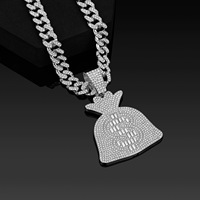 Collier tendance Bling Bling Sac d'argent, Chaîne cubaine plaquée or 18 carats, Pendentif Hip Hop signe dollar en strass de cristal pour soirée