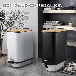 Eco Friendly Bamboo <b>Lid</b> Home Bathroom Trash Can with Foot Pedal Soft Close 5L Steel Rolling Cover Removable Inner <b>Bin</b> - Product Image 2