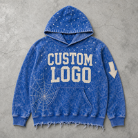 Sweat à capuche personnalisé pour homme, bleu délavé, avec motif étoile et toile, imprimé lettres sur le devant, patch flèche, ourlet vieilli, OEM ODM