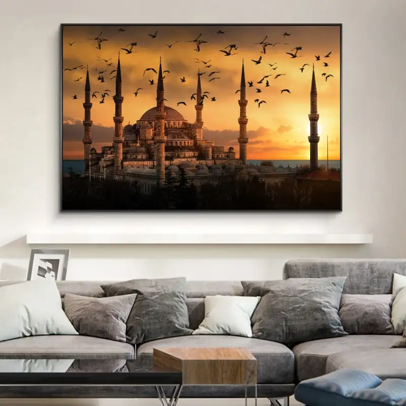 มัสยิดมุสลิมพระอาทิตย์ตกดูภาพวาดผ้าใบบนผนังศิลปะอิสลามศิลปะภาพวาดภูมิทัศน์ที่สมจริงคัมภีร์กุรอาน