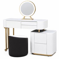 Ensemble de meubles de coiffeuse avec cadre en bois massif, plateau en verre, miroir LED et tiroirs à ouverture par pression pour chambre à coucher