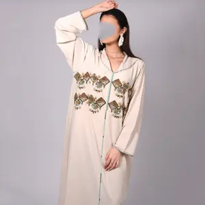 Islamic Clothing Beige Women Moroccan Style Kaftan Handmade Modest High Quality Eid Morocco Beads Dress Kaftans