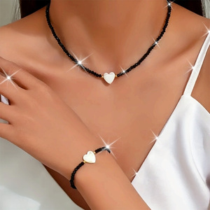 European and American cross-border black seed bead white water pattern mother-of-pearl heart <b>bracelet</b> and necklace <b>set</b>, - Product Image 1