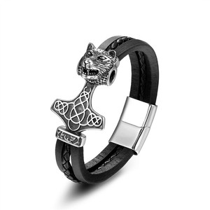 Pulsera con Cabeza de Lobo y Martillo de Thor para Hombre, Estilo Vintage, Aleación Plateada Antigua, Cadena de Eslabones, Joyería, Regalo - Product Image 4