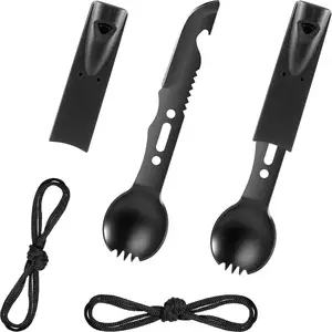 Aço inoxidável Multi Funcional Spork Colher Garfo Talheres com Abridor de Garrafas e Apito para Camping Caminhadas Mochila Caça