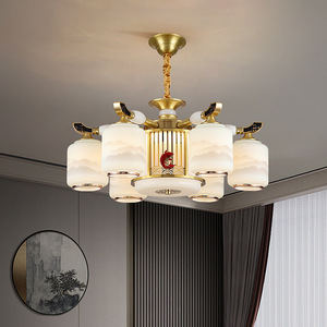 Chinese Style All Copper Jade Chandelier Multi Head Led <b>Lighting</b> For Study Dining Room Hotel Lobby Modern Minimalist Design - Product Image 2