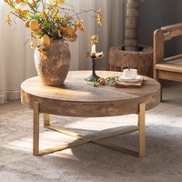 Table basse vintage ronde en bois de récupération avec pieds en métal en forme de X, style rustique, table centrale en bois décorative pour salon