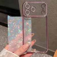 Coque de téléphone motif coquille pour iPhone 17 16 15 14 13 12 11 Pro Max, étui brillant avec diamants, coque souple plaquée tendance