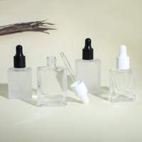 En stock flacon compte-gouttes carré plat en verre dépoli transparent 10ml 15ml 30ml tailles avec couvercle noir/blanc pour soins de la peau sérums mascara
