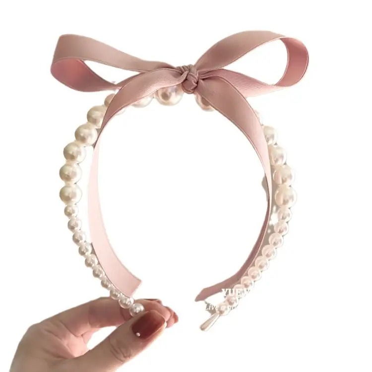 Fashion Hair Accessories Bow Knot Hair Hoop Wedding Pink Stain Bow Plain Beaded Pearl Headband Hair Band