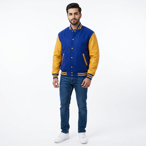 Veste universitaire d'hiver respirante pour homme, brodée, col montant, logo frontal, bleu et jaune - Product Image 1