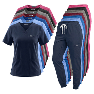 Ensembles de blouses d'infirmière avec poches zippées, haut de blouse bleu marine à col en V, pantalon jogger, tissu respirant, uniforme médical pour l'hôpital - Product Image 1