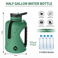 Bouteille d'eau en plastique de 74 oz, carafe d'eau de 2,2 l grande capacité pour adultes avec couvercle à 2 fonctions, bouteille d'eau de 2000 ml pour la gym, bouteille d'eau motivante d'un demi-gallon
