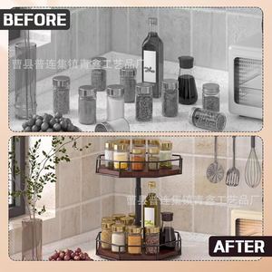 Double Layer <b>Rotating</b> Wooden Storage <b>Rack</b> With Metal Frame For Kitchen <b>Spices</b> And Grains - Product Image 3