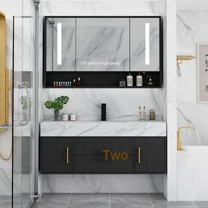 Meuble de salle de bain mural intelligent en bois massif et marbre, style luxe léger, moderne et épuré, avec éclairage LED anti-buée - Product Image 2