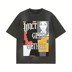 <span class=keywords><strong>T</strong></span>-shirt oversize tendance à manches courtes en patchwork gris foncé vintage de style américain, imprimé lettres, col rond ample - Product Image 2