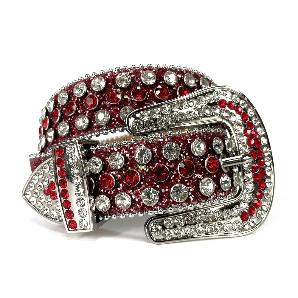 1.5 Inch Wide Shiny Mens Red Rhinestone Belt Fashion Western Cowboy Bling Bling Studded Design Glitter Leather Belt