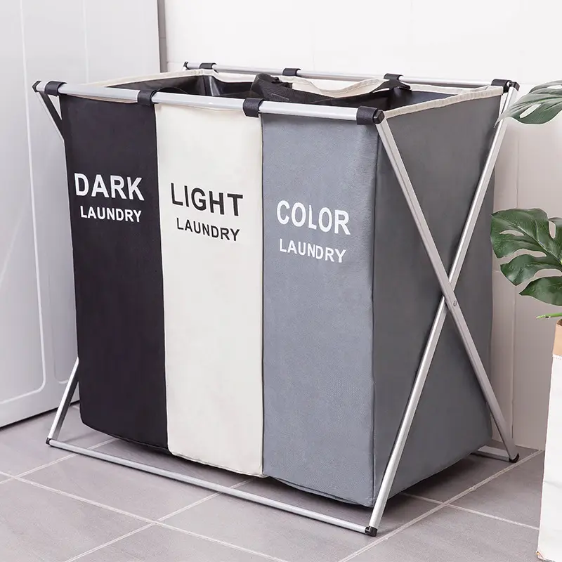 Large 3 Section Laundry Basket Bag with X-Frame Double Laundry Basket Durable Clothes Bag for College Apartment Grey