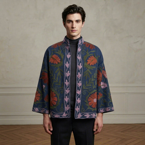 <b>Mens</b> Navy Blue Suzani Embroidered <b>Jacket</b> Traditional Uzbek Inspired Floral Outerwear Handmade Artisan Folk Art Coat with Pink - Product Image 1