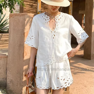 New White Cotton <b>Linen</b> Short Sleeve V-Neck Top Shorts Women's Vacation Style Hollowed Out Ruffle 2 Piece <b>Set</b> Fashion - Product Image 5