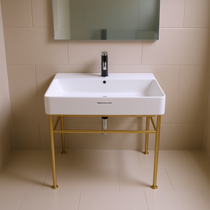 Lavabo de salle de bain en céramique blanche, 32 pouces, rectangulaire, avec trop-plein, pieds dorés, design contemporain - Product Image 2