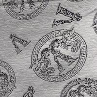 Tissu jacquard tissé gris avec tête de Méduse, idéal pour la mode haut de gamme et les textiles d'ameublement