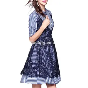 Grosir Gaun Renda Bordir Bergaris Wanita, Baju Biru Ramping STb-0859