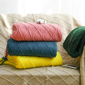 Manta de punto verde para camas <span class=keywords><strong>con</strong></span> borla, funda de sofá a cuadros <span class=keywords><strong>con</strong></span> textura sólida gris azul, decoración nórdica para el extremo de la <span class=keywords><strong>cama</strong></span>, manta suave para siesta - Product Image 3