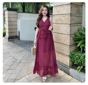 Women’s Polka Dot Chiffon Two Piece Set V Neck Peplum <b>Top</b> <b>Flowy</b> Maxi Skirt Co Ord Set OEM ODM Wholesale Vietnam Manufacturer - Product Image 1