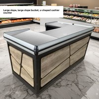 Comptoir de caisse incliné de grande taille pour supermarché, nouveau modèle en acier inoxydable, comptoir commercial en acier et bois en forme de U avec plateau métallique