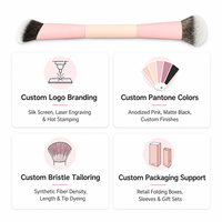 Pinceau de maquillage double embout personnalisé avec logo, en aluminium rose doré, poils véganes, pour fond de teint et anticernes, outil de mélange angulaire, rose