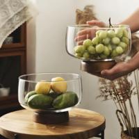 Bol à fruits en verre borosilicaté écologique avec bord doré et couvercles en bois Plateau de service à pied pour le salon ou la réception