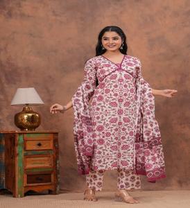 Women's Cotton Floral Printed 3 Piece <b>Kurti</b> and Pant Set's With Dupatta For Wedding And Casual Wear Kurta Set At Wholesale Price - Product Image 2