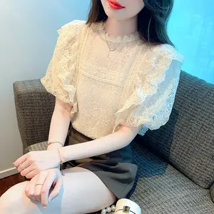 New Vintage Court Style Bubble Sleeve Blouse Design Sense Super Fairy Heavy Lace Shirt Blouse Small Blouse French Chic Top