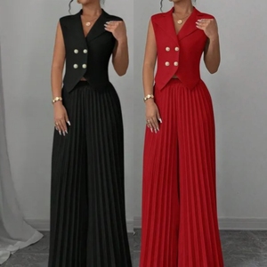 Dantel kumaş ofis giyim için moda kıyafetler yaka v yaka yelek & pileli geniş bacak pantolon seti iki parçalı kadın giyim - Product Image 6