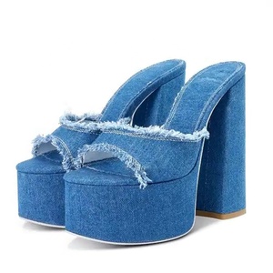 Custom Logo Colors High Chunky <b>Heels</b> Women Thick <b>Platform</b> Denim Outdoor Sandals Breathable Summer on Slippers - Product Image 1