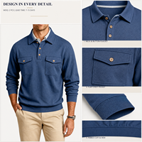Kaos Polo Lengan Panjang Pria Bordir Custom Model Drop Shoulder dengan 2 Kantong Dada dan Kancing Depan, Sweatshirt Kasual OEM