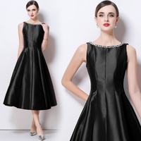 Elegante Vestido Midi Sin Mangas de Satén con Cuello Barco y Pedrería Sólida para Mujer, Cintura Natural, Lavable, Primavera/Otoño/Verano