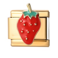 1 pièce Breloque en acier inoxydable style italien, motif cœur fraise rouge et rayures vertes dorées, pour la création de bijoux DIY (bracelets, colliers)