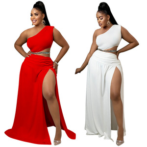 Ropa de mujer Traje de talla grande Color sólido Hombro inclinado Fuera del hombro Sexy Vaina Split Temperament <span class=keywords><strong>Twinset</strong></span> - Product Image 1