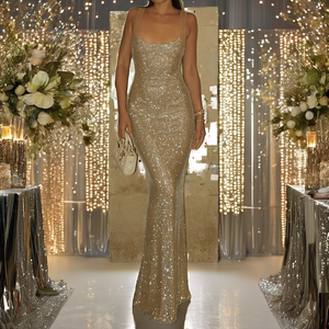 Vestido de Noche Largo de Gasa con Lentejuelas, sin Tirantes, Espalda Descubierta, Corte Sirena, Cintura Natural, para Mujer, Primavera - Product Image 2