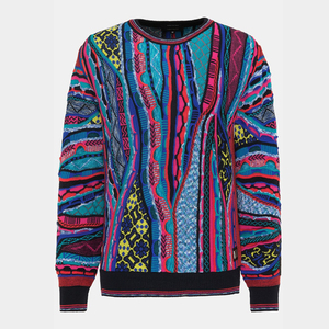 Pull jacquard personnalisé Carlo <span class=keywords><strong>Colucci</strong></span> aux éléments colorés et ambiance rétro des années 90 - Fabricant de pulls tricotés sur mesure - Product Image 1