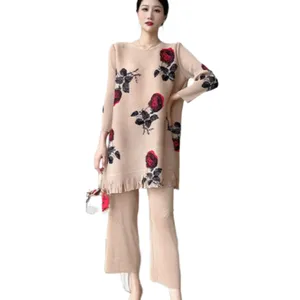 2023 Miyake Floral Print Tassel Matching Sets Blouse casual versatile fringe scarf dress Plus Size Suit women