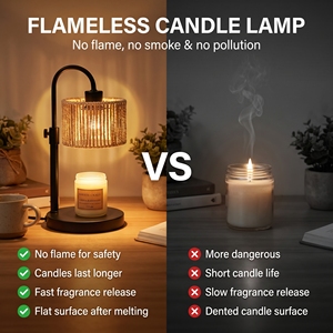 Lampe chauffe-bougie sans flamme style Boho Wabi Sabi, à hauteur réglable, avec pompon en corde de chanvre et base en métal noir pour la décoration de chambre - Product Image 5