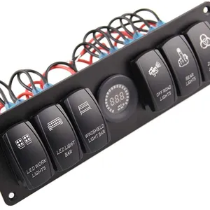 12V Rocker Switch Panel 6 Gang Toggle Rocker Switch Panel Colorful LED Voltmeter untuk Mobil RV Marine Perahu