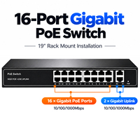 Switch Gigabit PoE 16 Port, Hub Jaringan 18 Port untuk Sistem Kamera IP CCTV 4K, Plug and Play, 240W 48V Ethernet PoE Switch