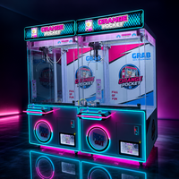 Machine de jeu d'arcade grue à griffes en métal LED cyan et magenta pleine taille avec interface anglaise pour centre commercial et divertissement familial