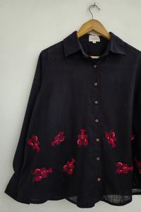 Camisa holgada de algodón negro a rayas con cuello vuelto para mujer |   Ropa Casual con Contraste de Color - Product Image 2